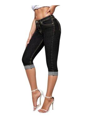 Stretch Denim Capris Slim Fit Mid Rise Skinny plus size